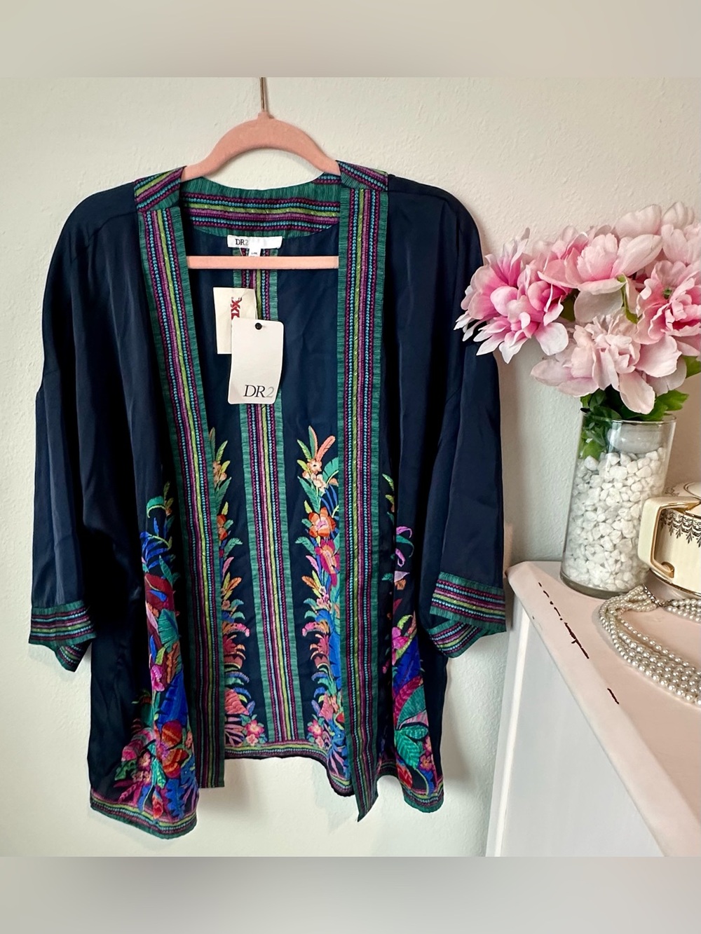 DR2 Navy Open-Front Kimono with Multicolor Floral Embroidery